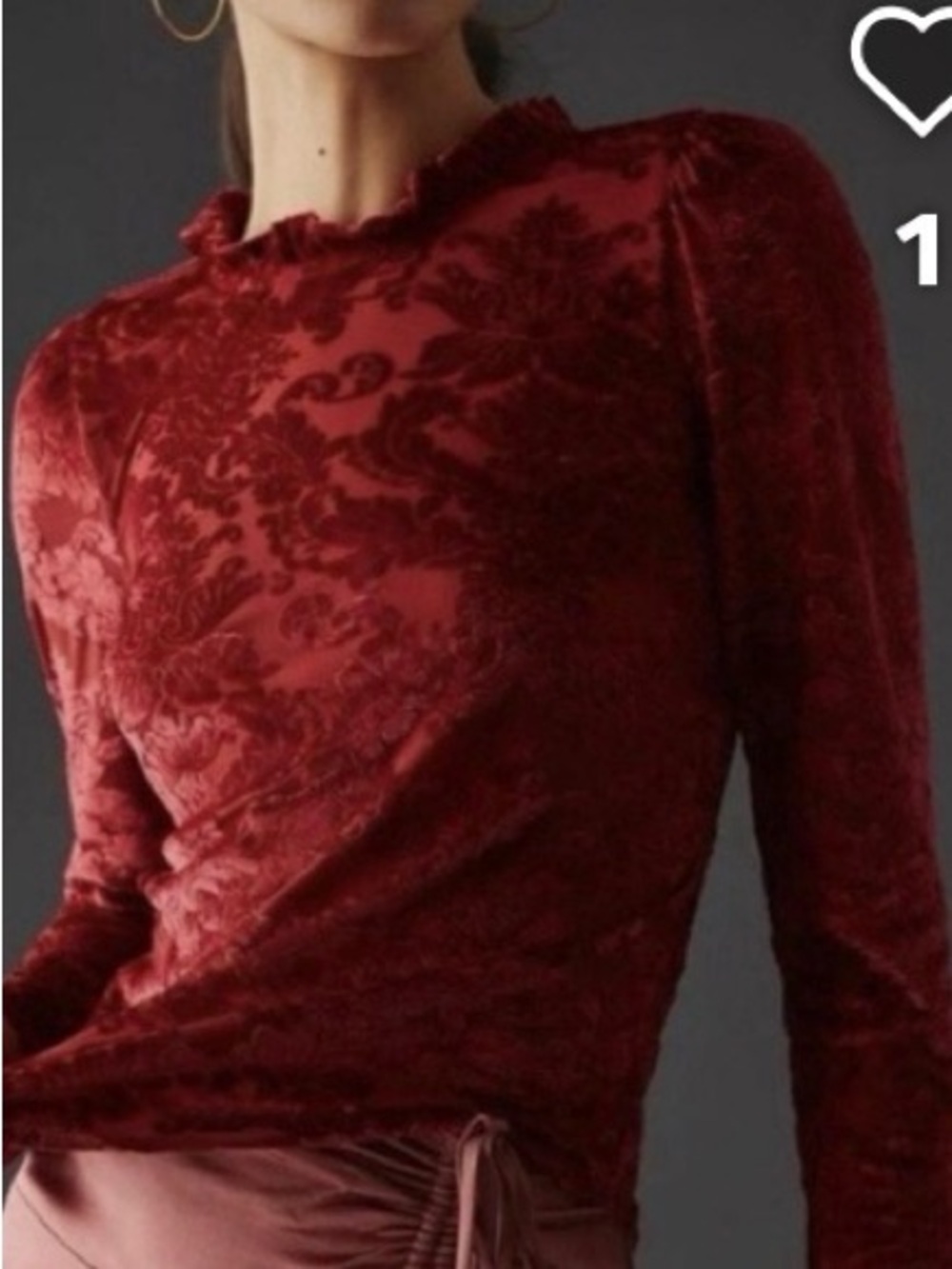 Anthropologie Deep Red Velvet Burnout Long-Sleeve Top